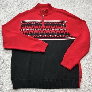 Chaps 1/4 Zip Sweater Mens XL Blue Red Heavy Knit Cotton Mock Neck Preppy